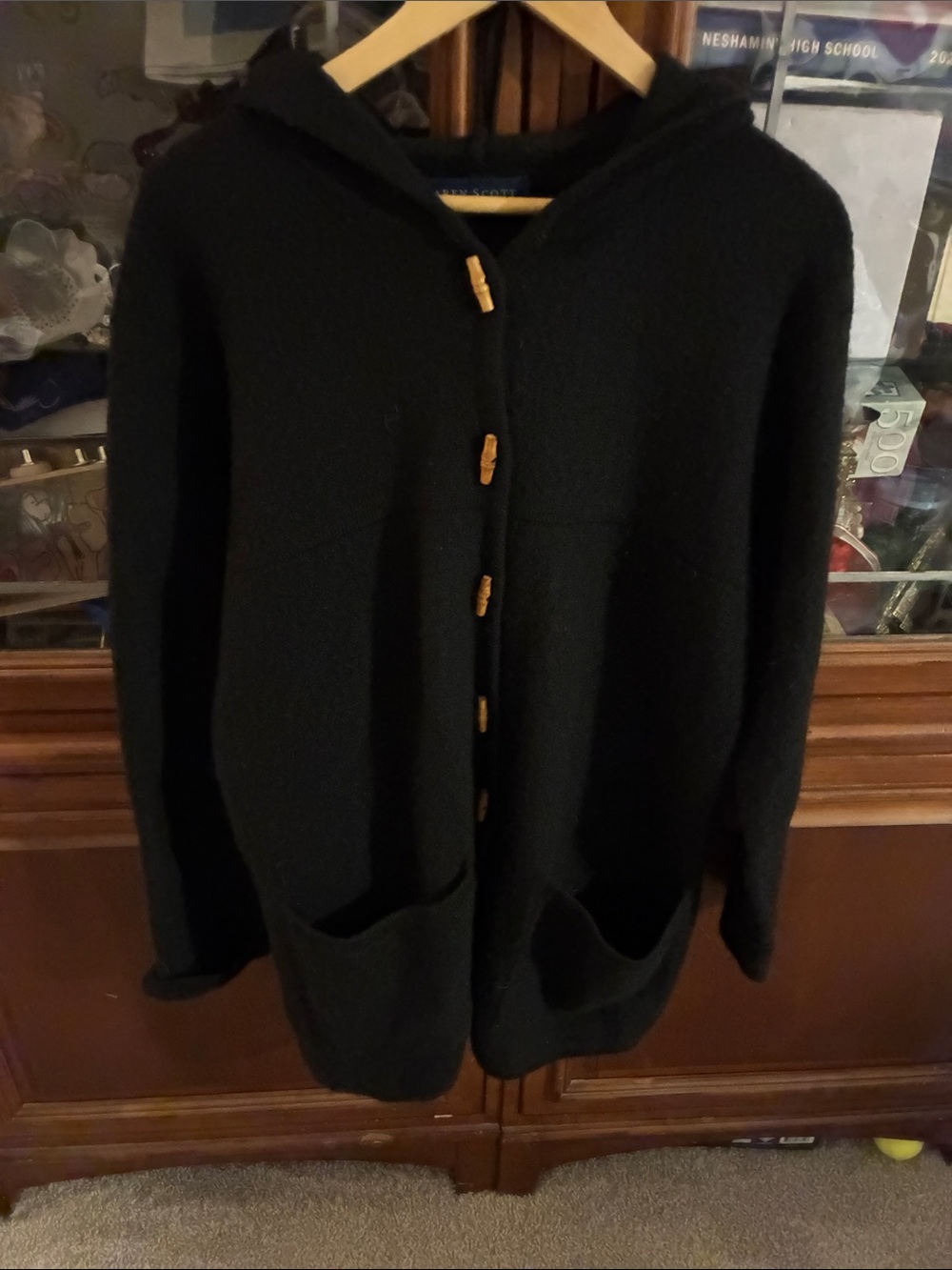 Karen Scott Black Hooded Toggle Cardigan Wool Black Sweater M